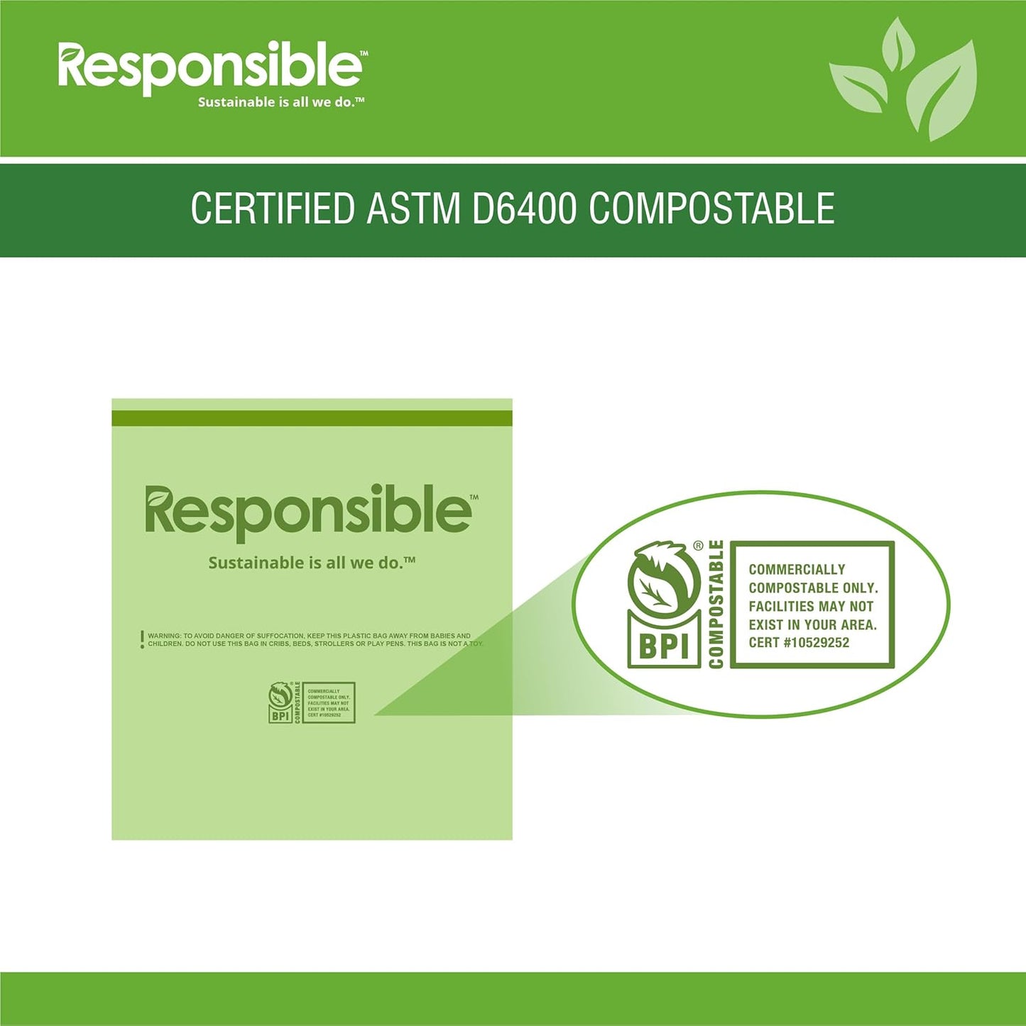 Responsible Products Kitchen Bin Liners, Certified Compostable, Heavy Duty Multipurpose Food Scrap