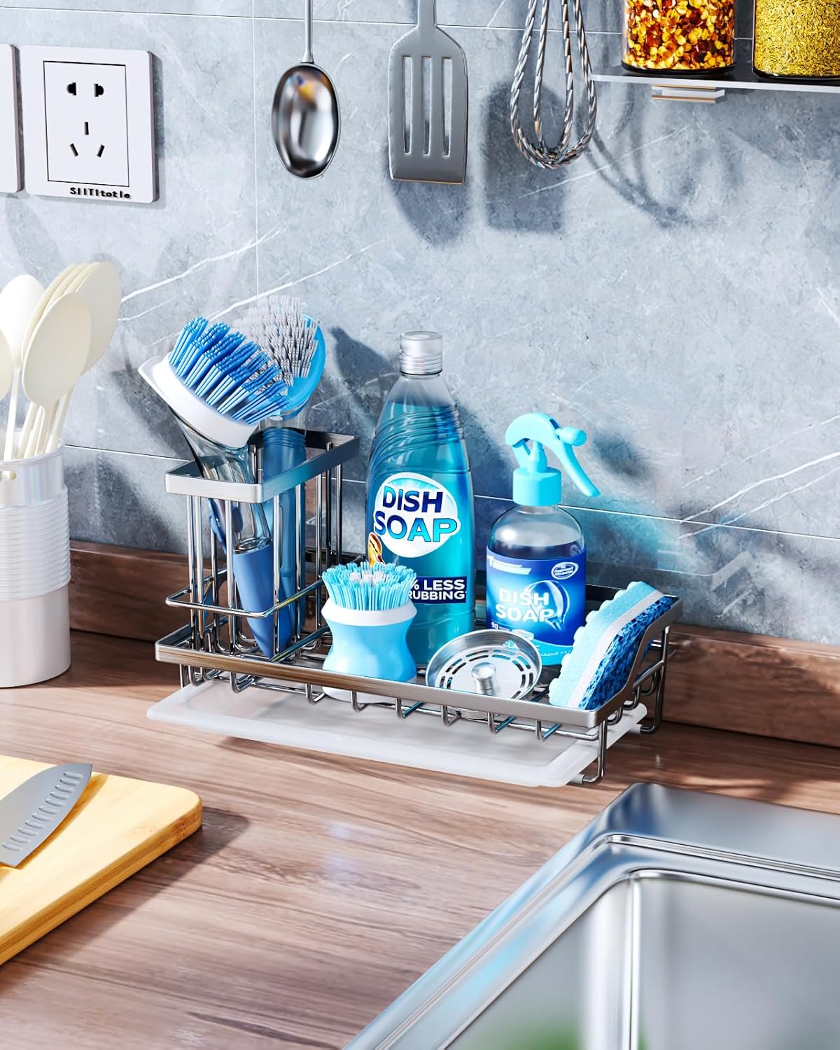 Consumest Sink Caddy, Kitchen Sponge Holder with Dish Brush Holder, Kitchen Sink Organizer with