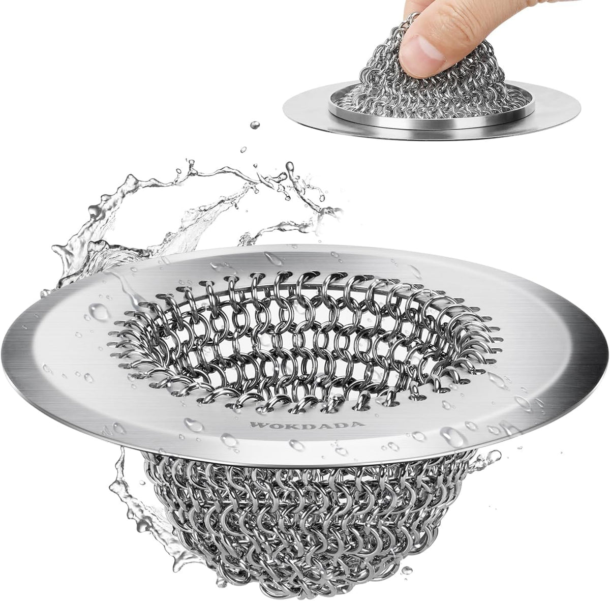 Sink Drain Strainer: Anti-Slip Flexible Chainlink, 304 Stainless Steel. Upgraded Clog-Free Kitchen
