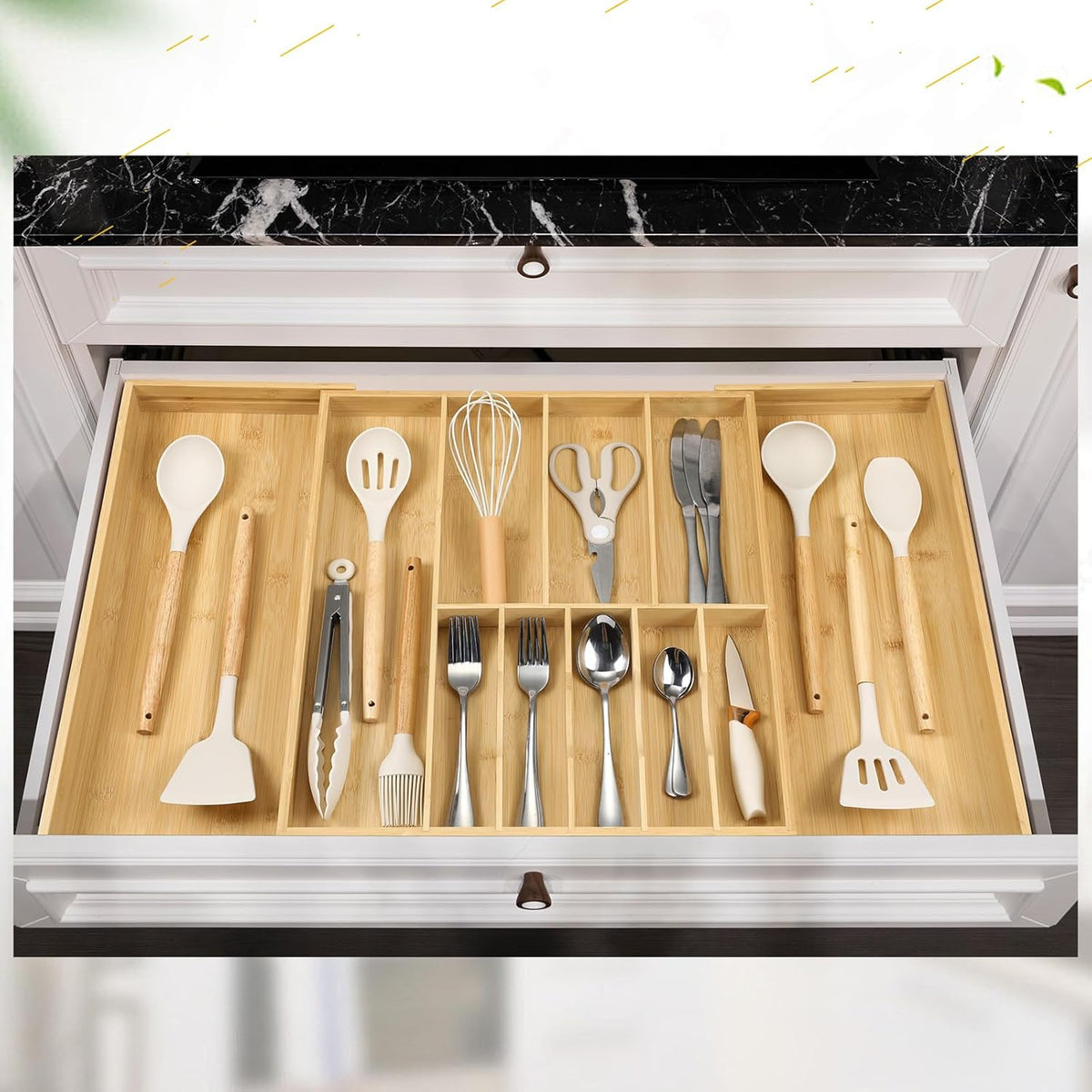 Fabsome Silverware Organizer for Cabinet Drawer, Expandable from 16.7'' to 30'' Wide Bamboo Wood