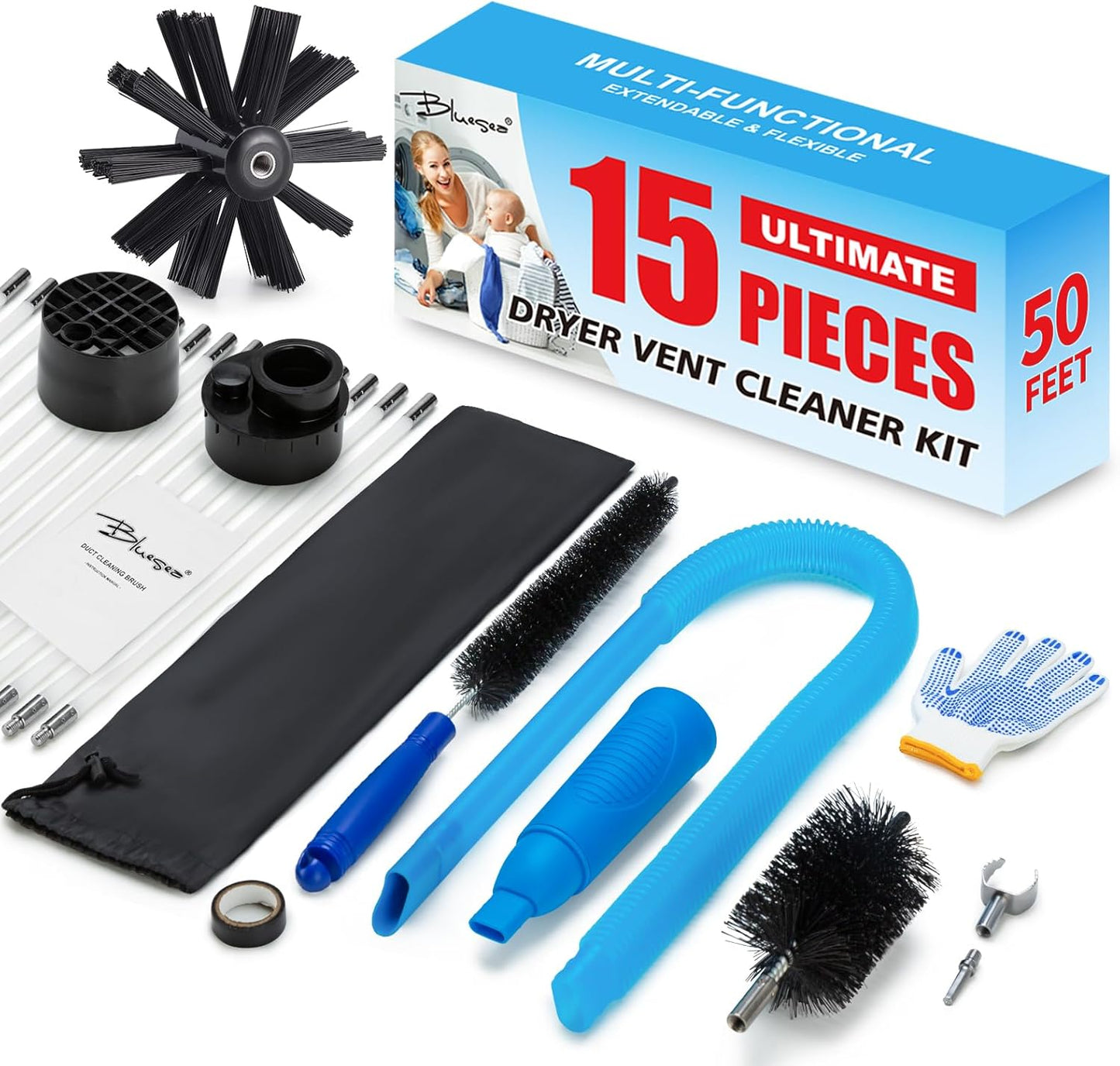 BLuesea Dryer Vent Cleaner Kit, 15-Piece Ultimate Dryer Cleaning Kit Include 50 Feet Dryer Vent