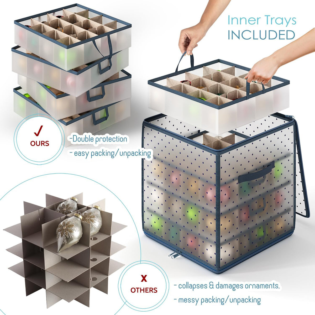 Hearth & Harbor Christmas Ornament Storage Box With 4 Inner Tray Dividers - Plastic Ornament