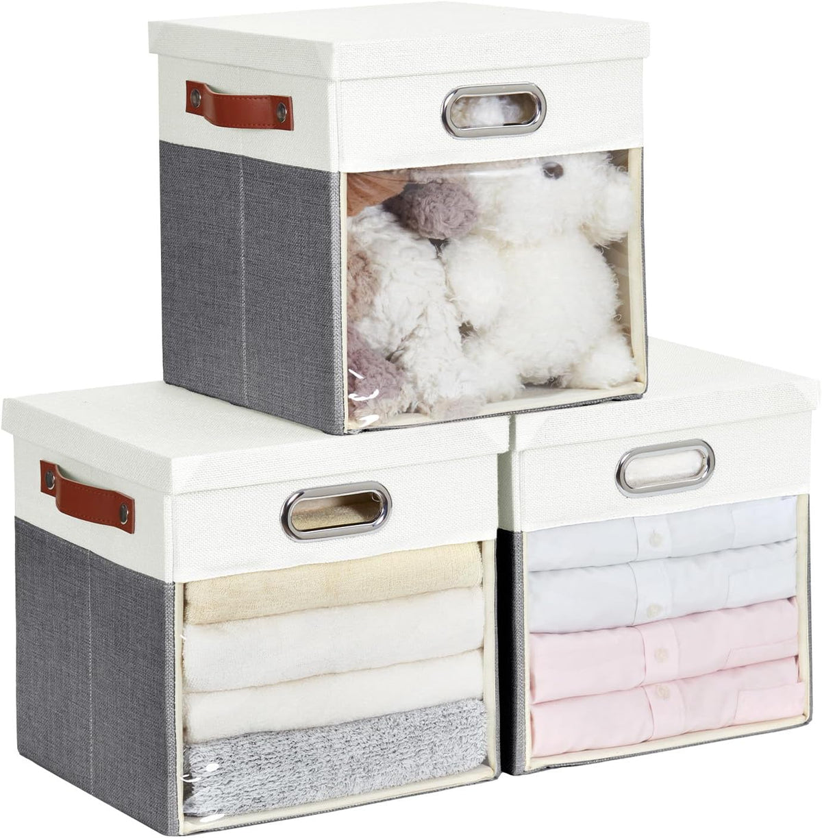 Fabric Storage Cubes with Clear Windows and Lids, 11'' Foldable Storage Bins with 3 Handles
