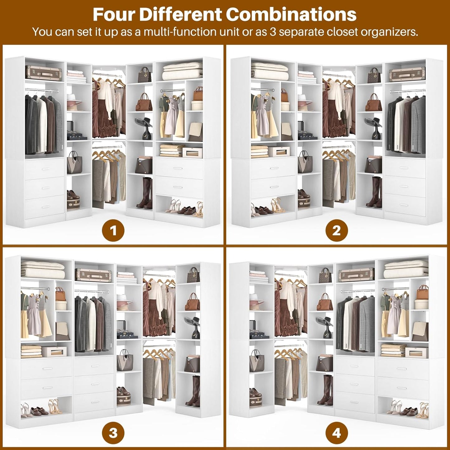 Corner Closet System with 5 Drawers, Closet Organizer System with 15+Shelvess & 4 Hanging Rods