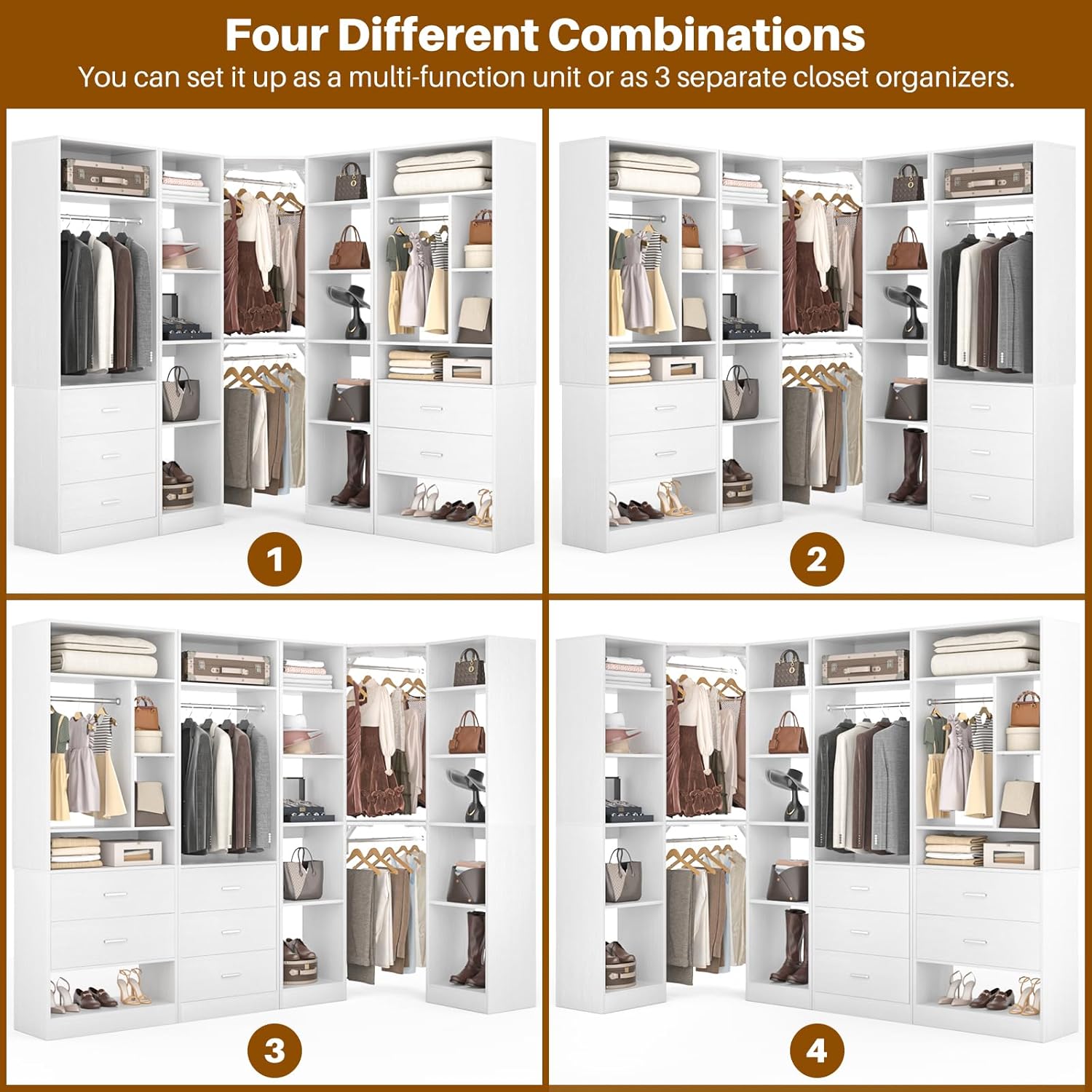Corner Closet System with 5 Drawers, Closet Organizer System with 15+Shelvess & 4 Hanging Rods