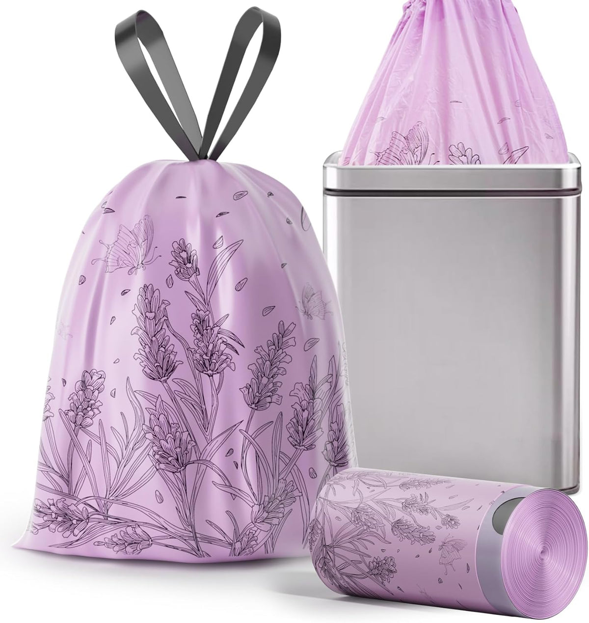 VOK 13 Gallon Trash Bags with Lavender Print & Drawstring, Tear-Resistant Tall Kitchen Garbage