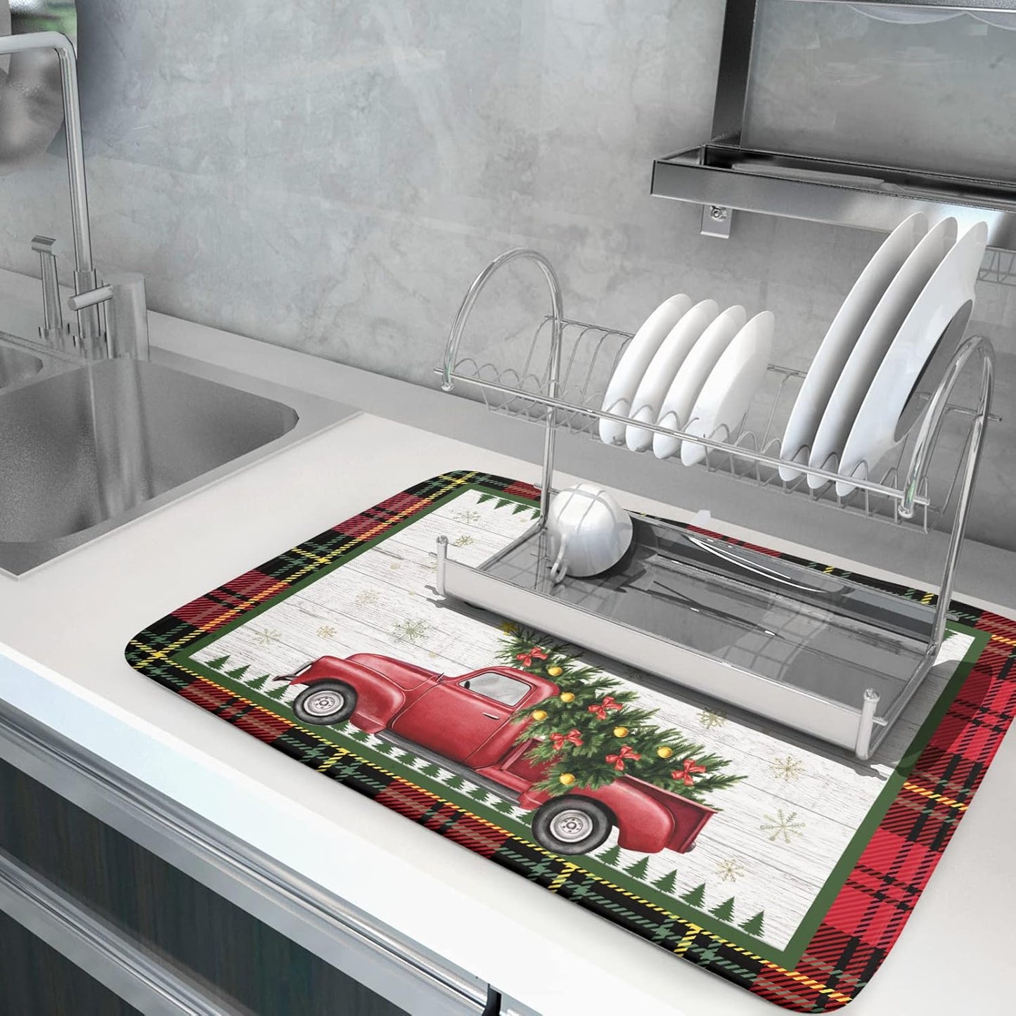 Christmas Dish Drying Mat 18x24 Inch for Kitchen Counter Decor Absorbent Reversible Microfiber Red