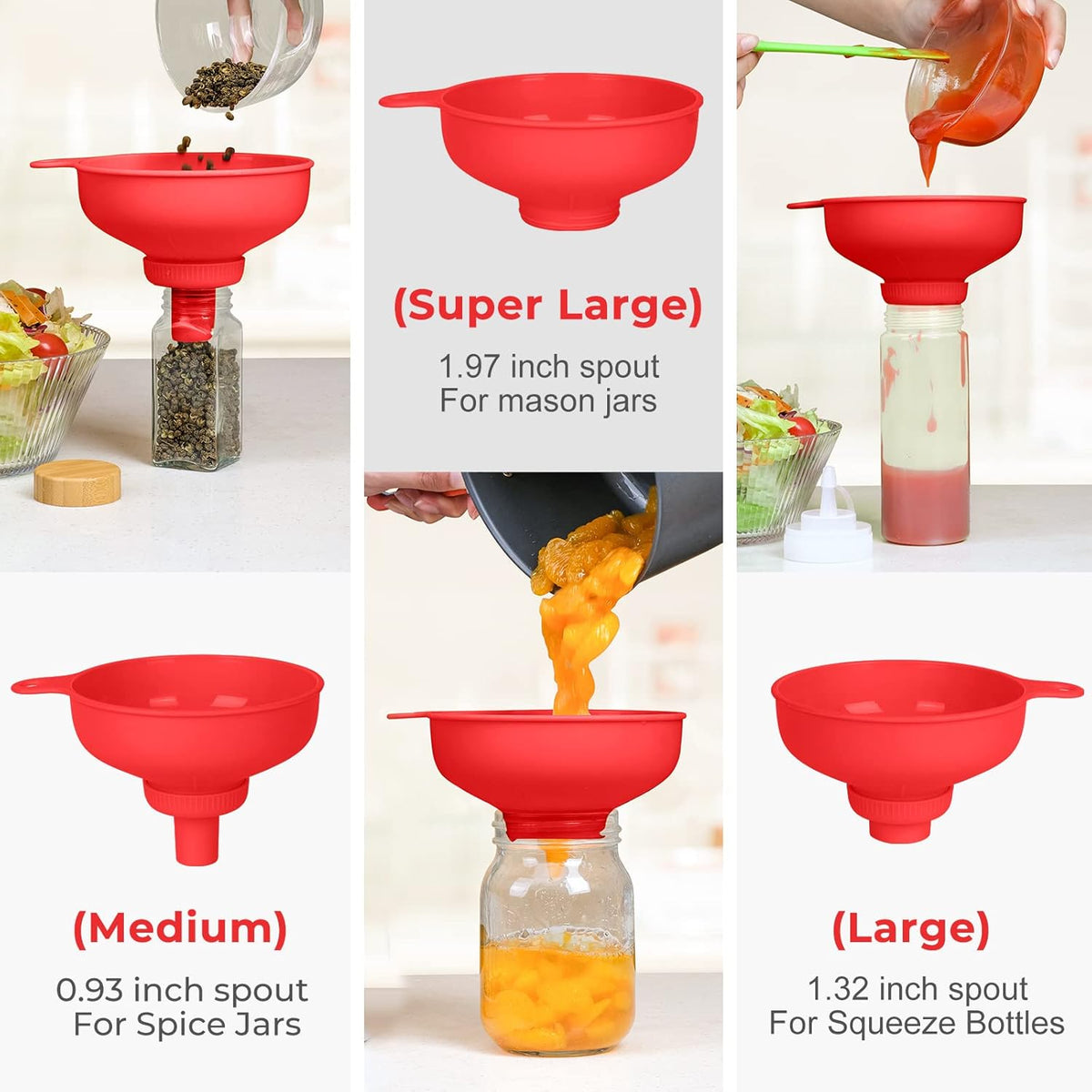 Wide Mouth Kitchen Funnel, Food Grade Plastic Cooking Canning Funnel with 4 Sizes Spouts for