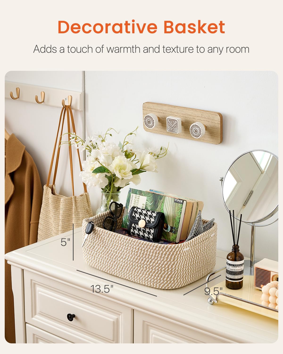 Small Woven Basket, 13.5 x 9.5 x 5 Inches, Storage Basket for Organizing, Cute Small Rope Shelf