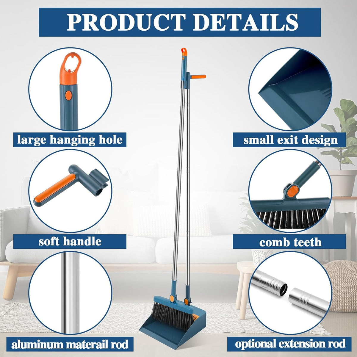 Suclain 4 Set 8 Pcs Broom and Dustpan Set 47 Inch Long Handle Brooms for Sweeping Indoor Household