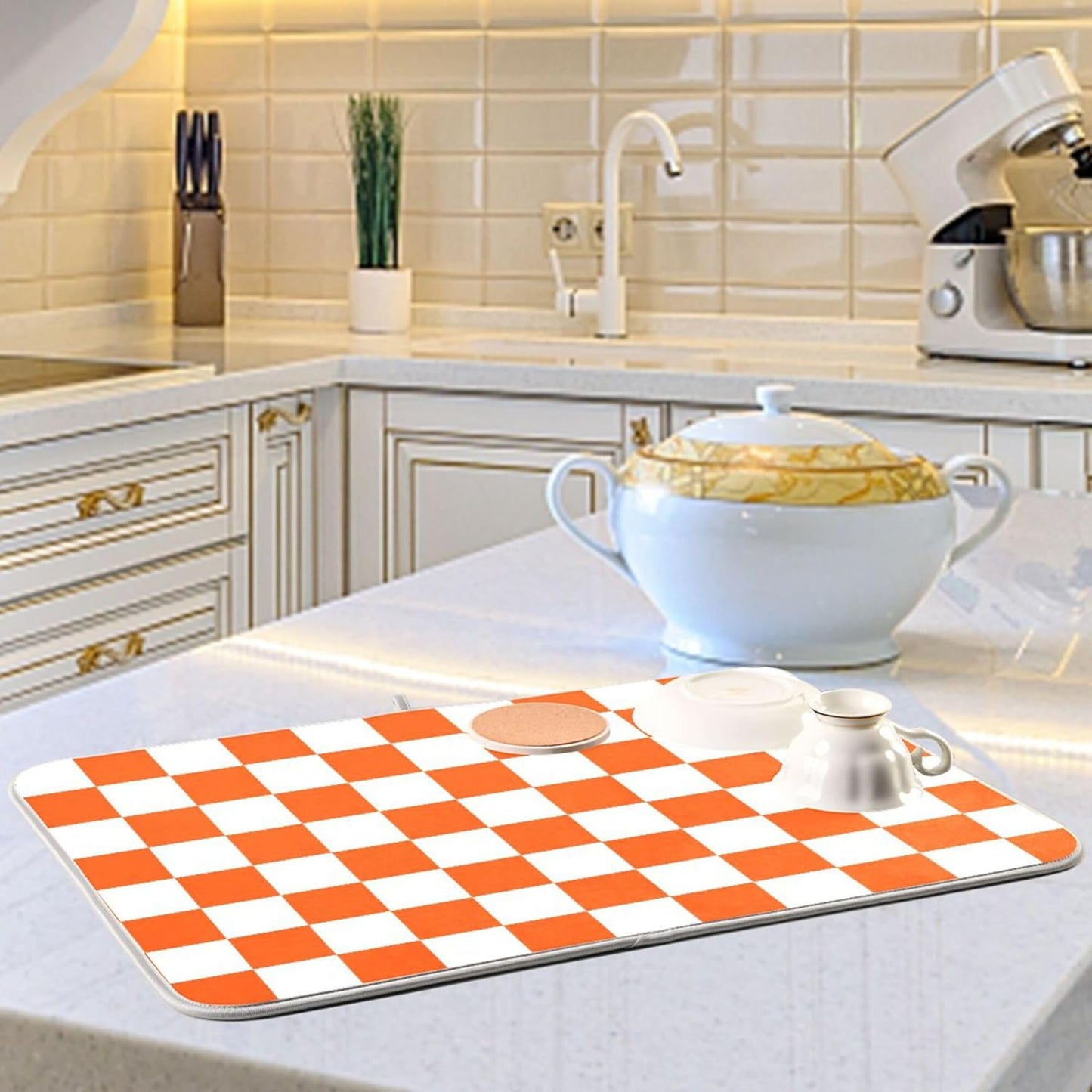 Burnt Orange Chessboard Dish Drying Mat for Kitchen Countertop 16x18 Plaid Checkered Rectangle
