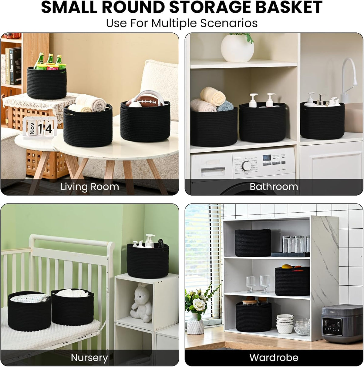 Small Black Baskets for Organizing, Storage Baskets for Shelves, Small Woven Basket for Storage