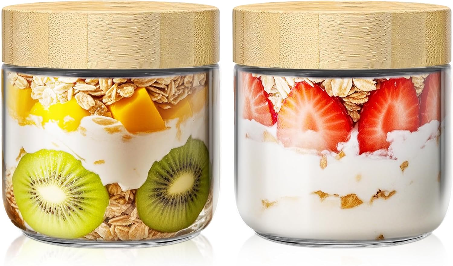 2 pack 10oz Overnight Oats Containers with Bamboo Lids, Glass Jars with Airtight Lids for Meal