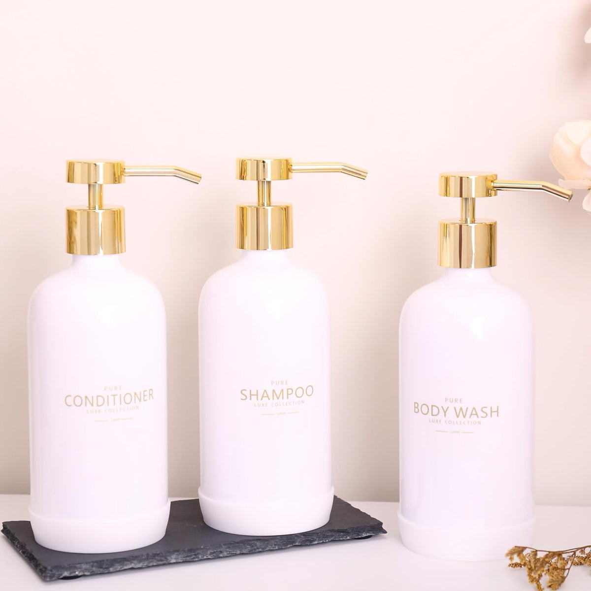 Shampoo and Conditioner Dispenser Set of 3,Refillable 20.5OZ Shampoo Bottles with Non-Slip