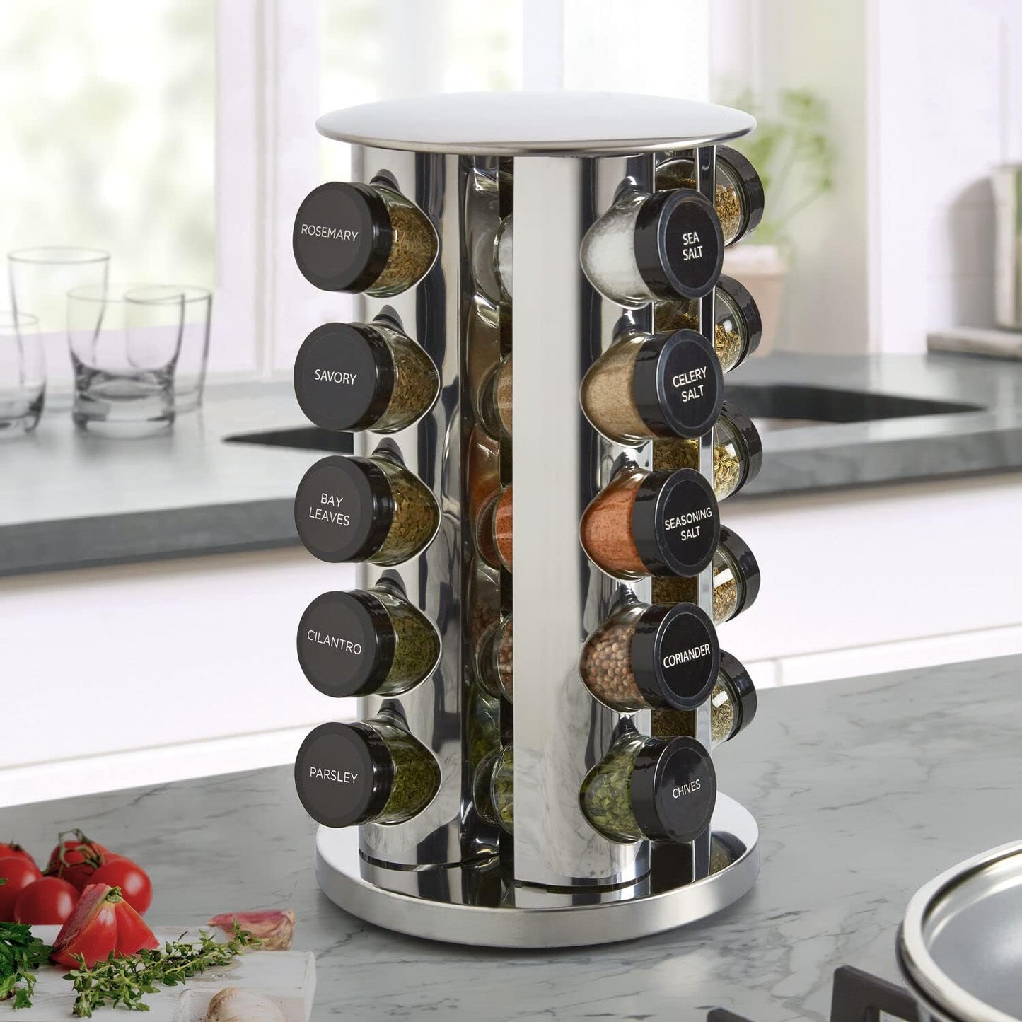 Kamenstein 20 Jar Revolving Countertop Spice Rack with Spices Included, FREE Spice Refills for 5