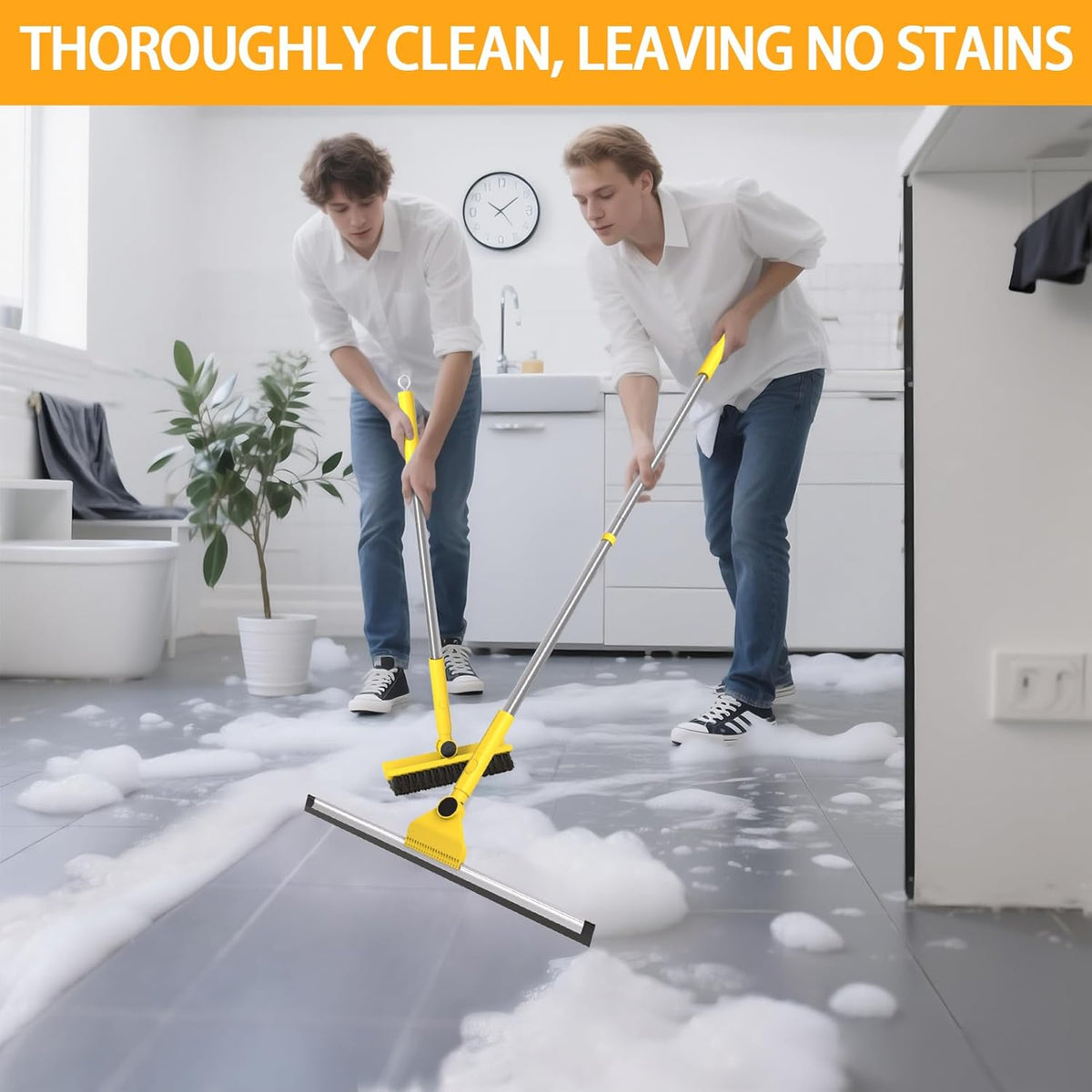 Multi-Purpose V-Shaped Grout Brush with 16.9" Floor Squeegee Set, Long Handle Floor Scrub Brush for