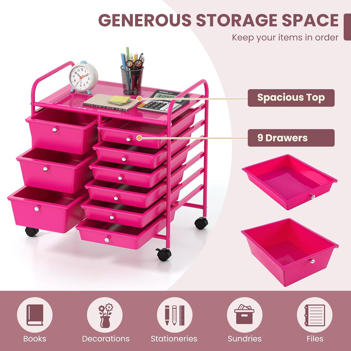GOFLAME 9-Drawer Rolling Storage Cart, Mobile Utility Cart with Removable Drawers & Metal Frame