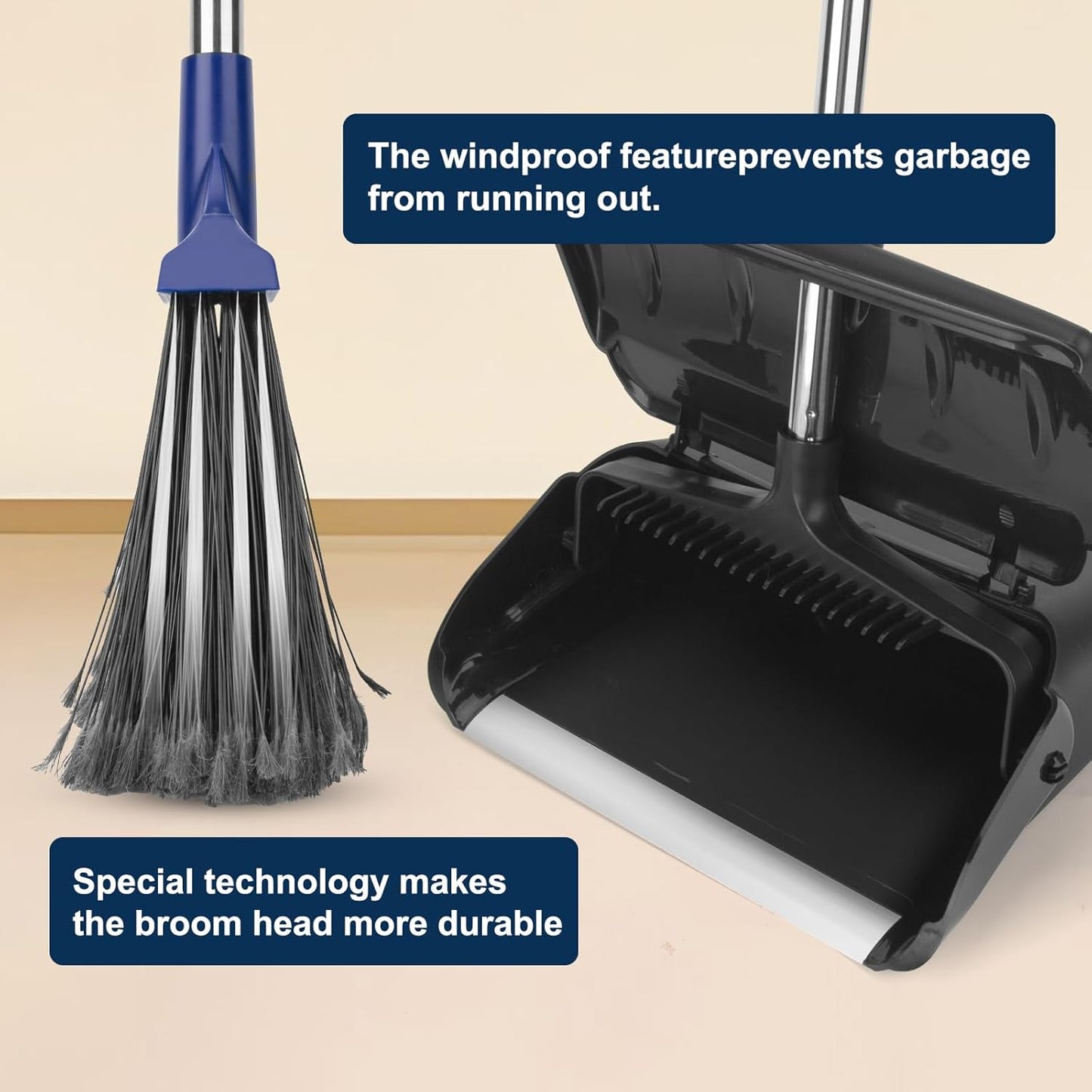 Kefanta Outdoor Heavy Duty 2 Brooms and Dustpan Set with Aluminum Flat Lip for Courtyard Garage