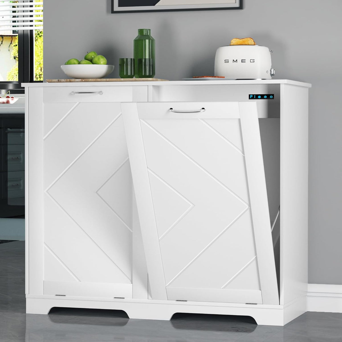 VECELO Double Tilt Out Kitchen Trash Bin Cabinet Dog Proof Garbage Can with Wood Holder Free