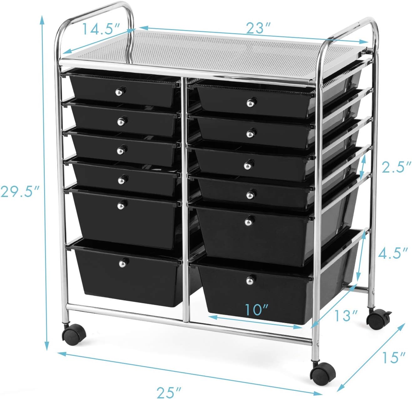 GOFLAME 12-Drawer Rolling Storage Cart, Multipurpose Organizer Cart with 2 Sizes Plastic Drawers