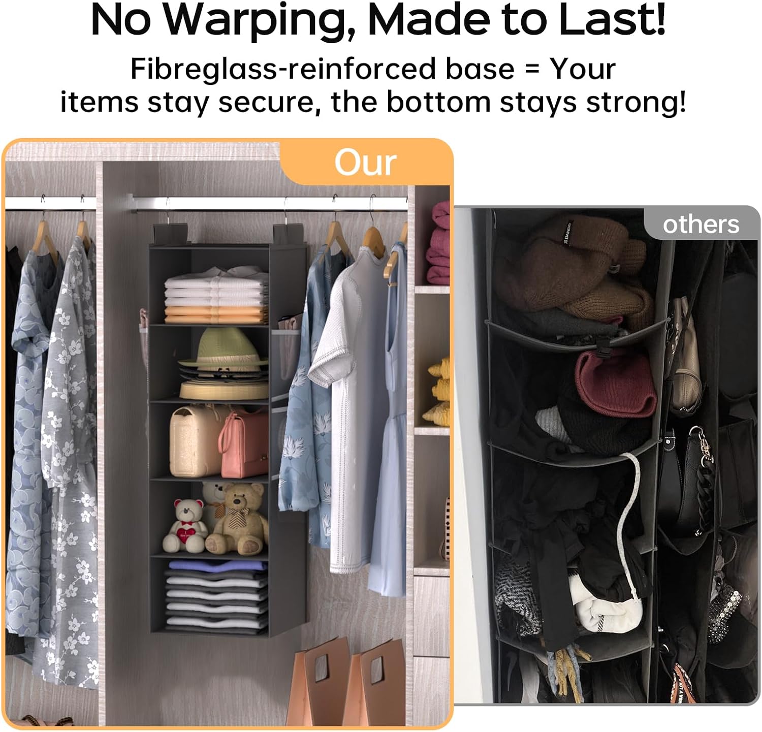 Deep Hanging Closet Organizers and Storage, Closet Hanging Storage Shelves with 5 Shelves and 4