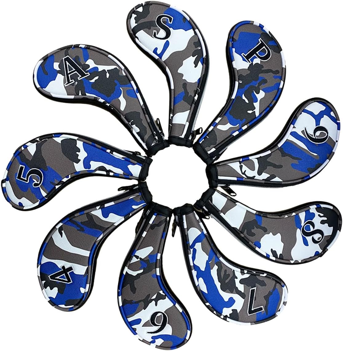 9pcs PU Leather Camouflage Blue Zipper Long Neck Design Golf Iron Headcovers Both Side Number Golf