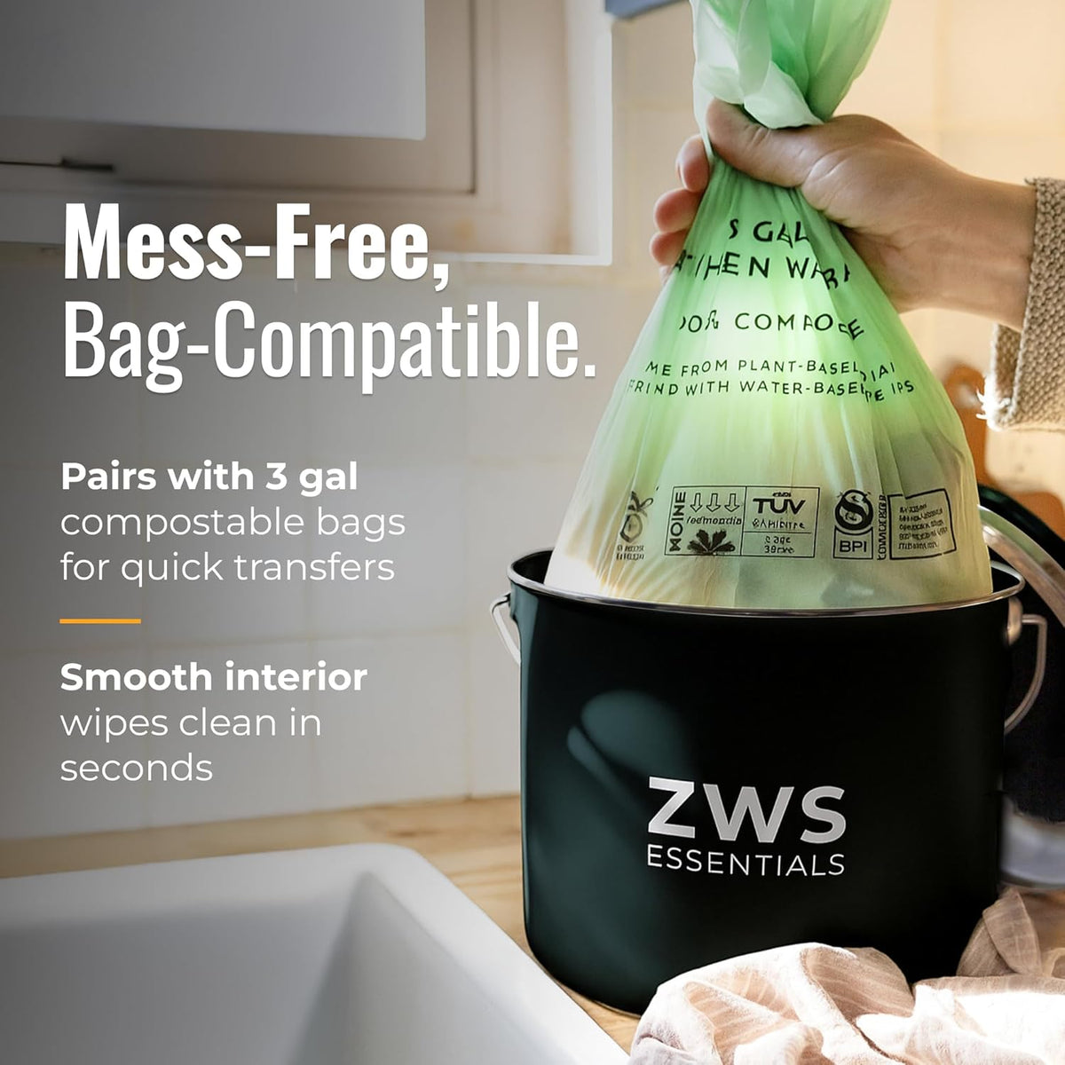 Black Stainless Steel Compost Bin | 6.5L Odor-Free Kitchen Countertop Food Scrap Pail with Charcoal