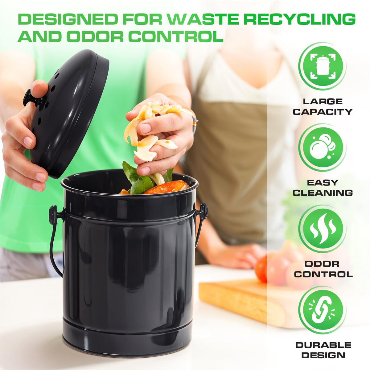 Plexon Countertop Compost Bin Kitchen Indoor with Lid, Black 1.5 Gallon Odorless Kitchen Container