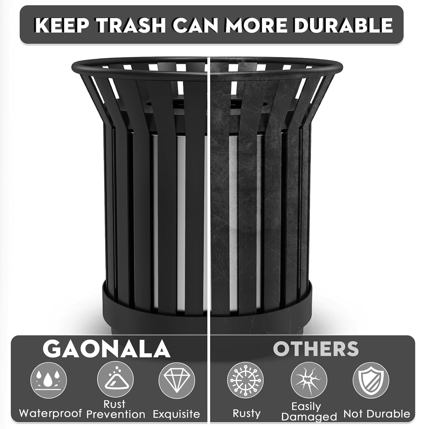 27.6IN Round Large Outdoor Trash Can, Heavy Duty Metal Slatted Garbage Can Outdoor, All Weather