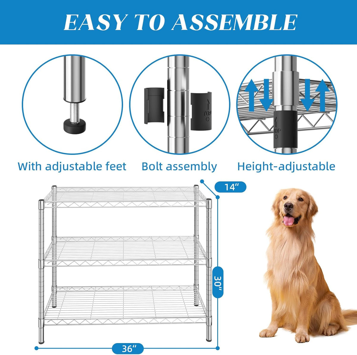 3-Shelf Adjustable Metal Shelf Wire Shelving Storage Rack for