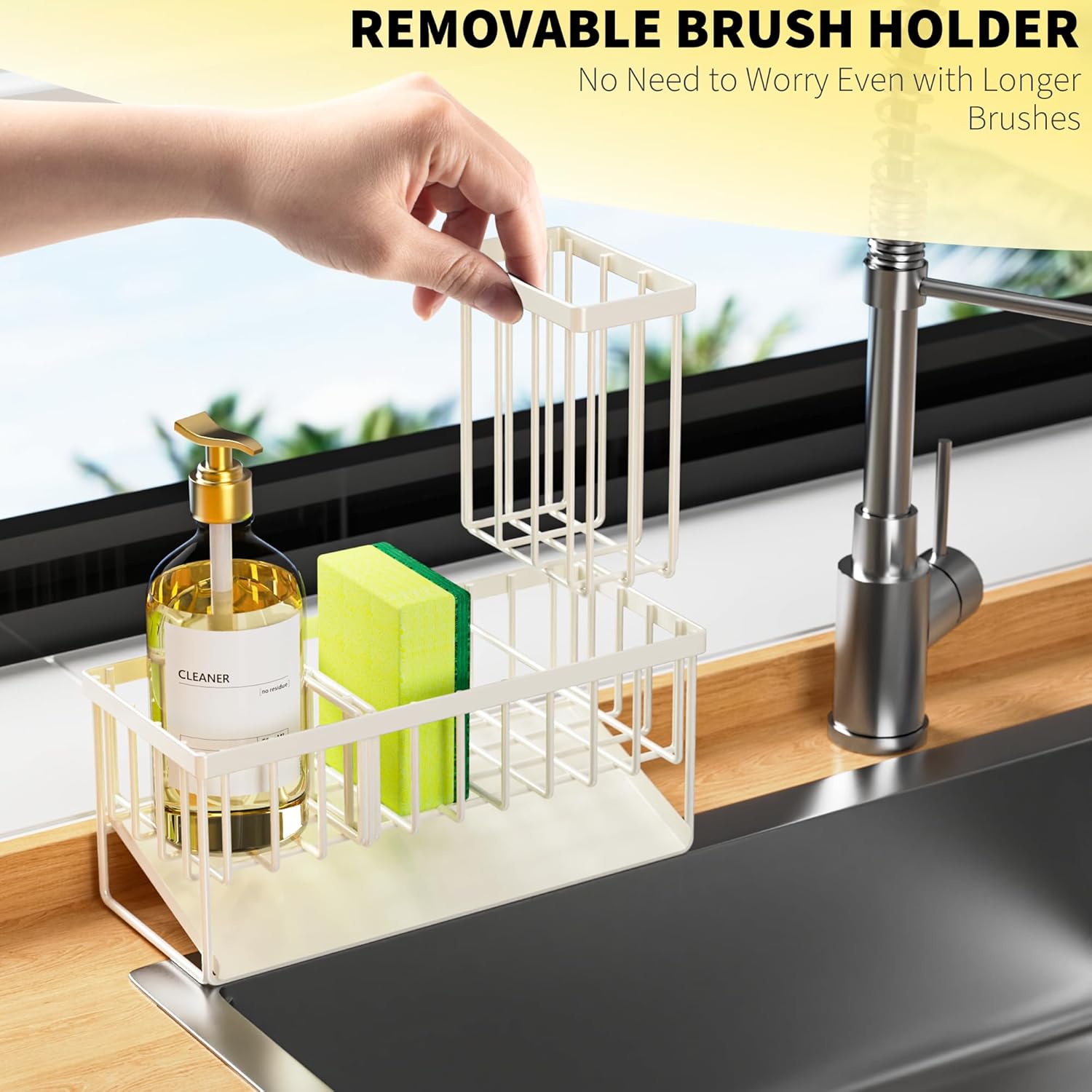 Cisily Off White Sponge Holder for Kitchen Sink, Sink Caddy Organizer with High Brush Holder