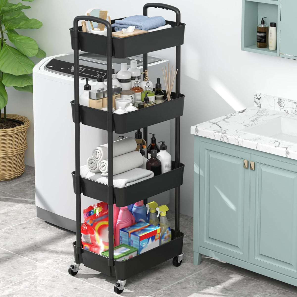 Sywhitta 4-Tier Plastic Rolling Utility Cart with Handle, Multi-Functional Storage Trolley for