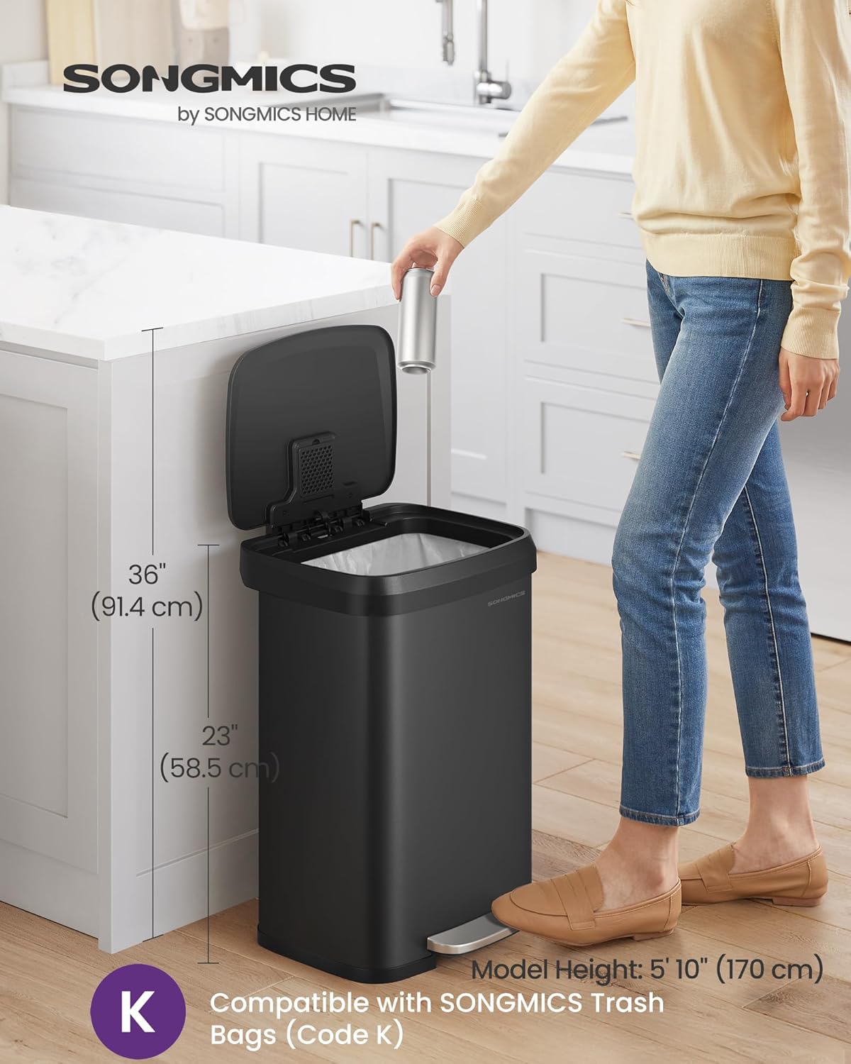 SONGMICS Kitchen Trash Can, 13 Gallon (50 L) Stainless Steel Garbage Can, with Stay-Open Lid and