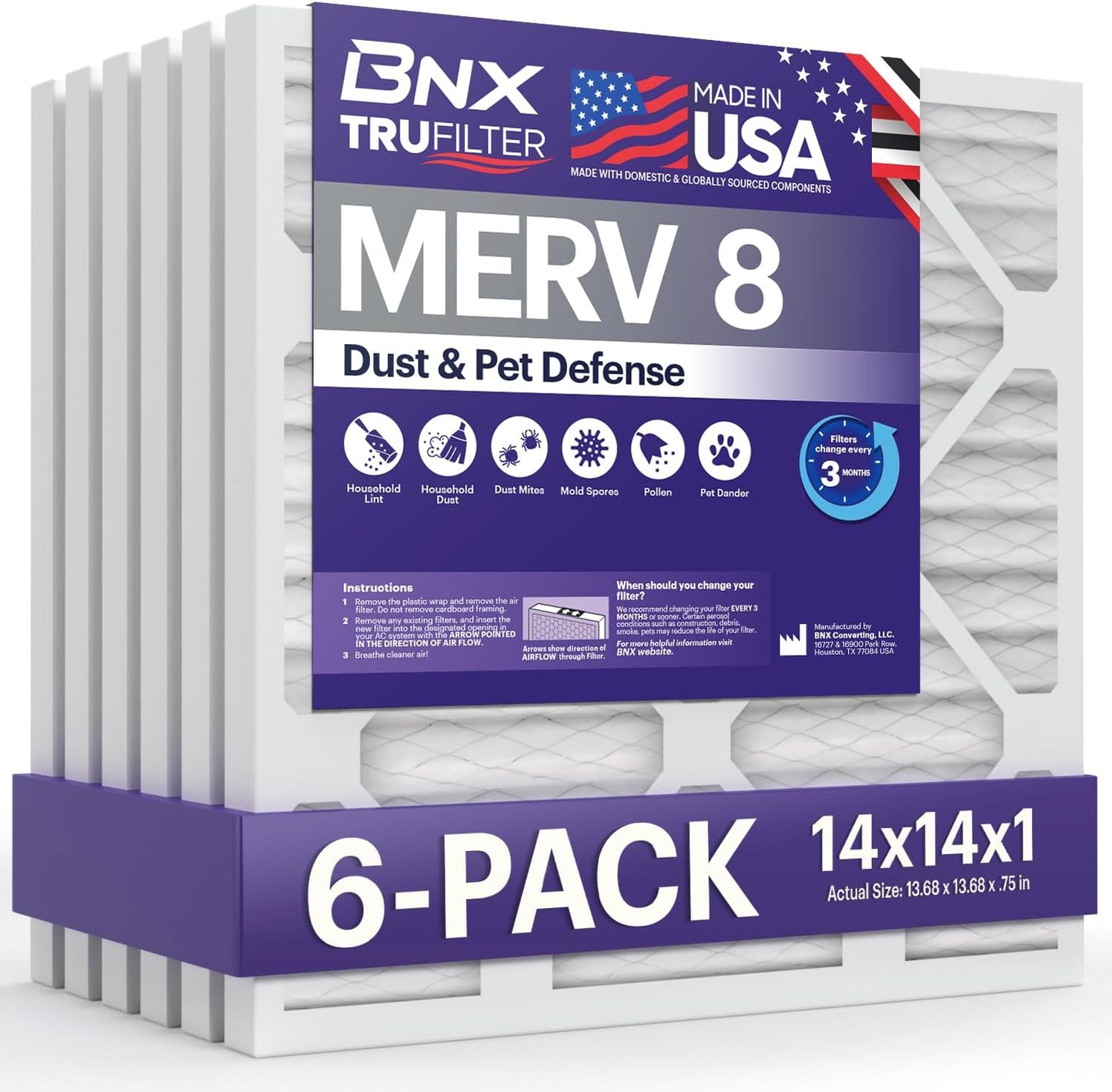 BNX TruFilter 14x14x1 Air Filter MERV 8 (6-Pack) - MADE IN USA – Dust & Pet Defense Pleated Air