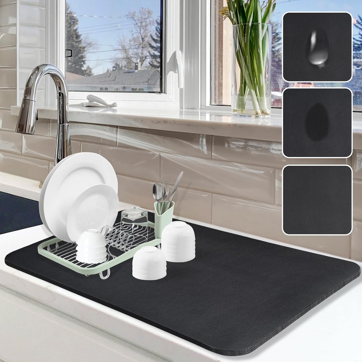 Dish Drying Mat for Kitchen Counter, 16"x24" Dish Drying Pad with Non-slip Rubber Backed, Hide