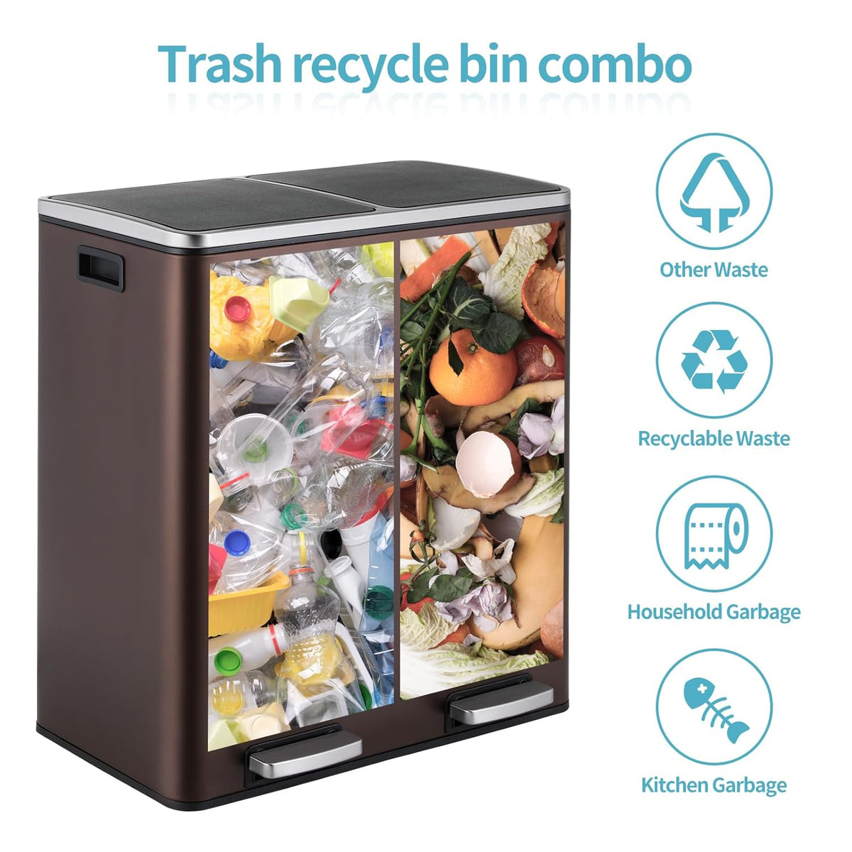 16 Gallon Rectangular Stainless Steel Trash Can, Dual Compartment Garbage Bin with Recycling Combo