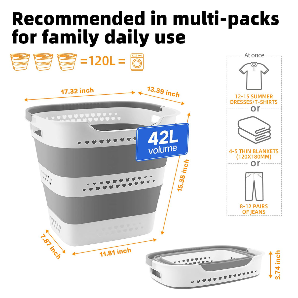 42L Medium Collapsible Plastic Laundry Basket with Handles, Foldable Laundry Basket Hamper, Pop Up