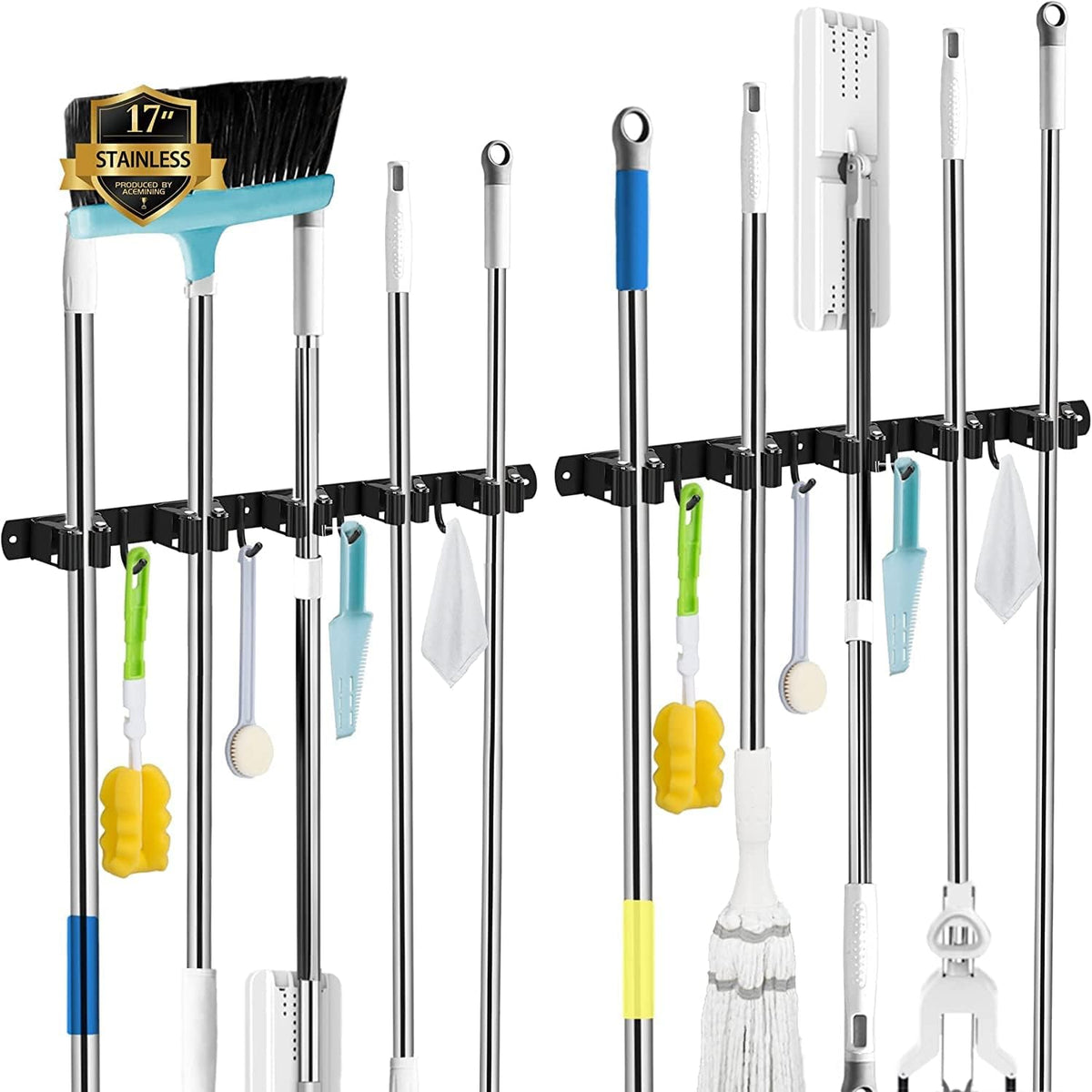 AceMining 2 Pack Black 5 Racks and 4 Hooks Mop and Broom Holder Wall Mount, Broom Organizer Storage