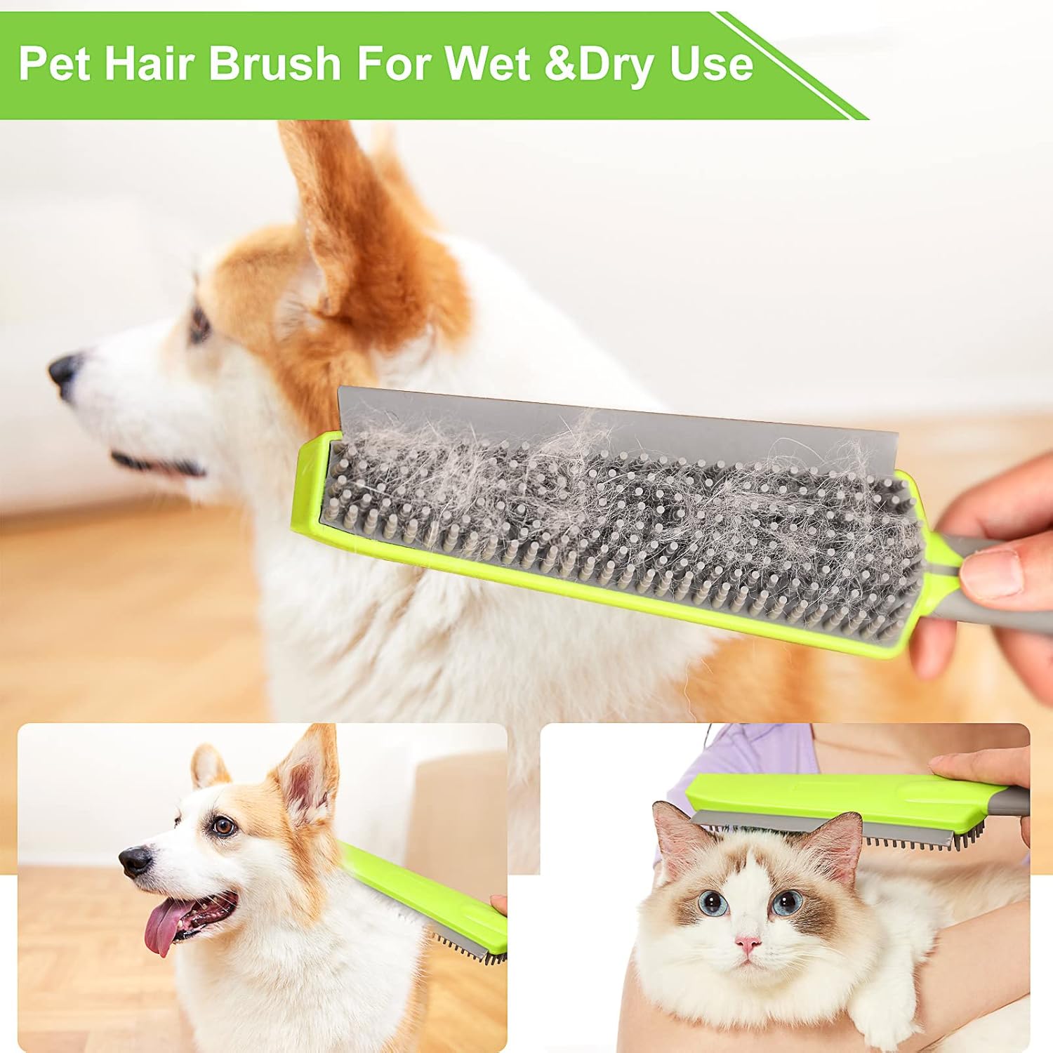 Rubber Broom with Squeegee for Carpet Pet Hair Remover,57 inch Long Handled Fur Remover