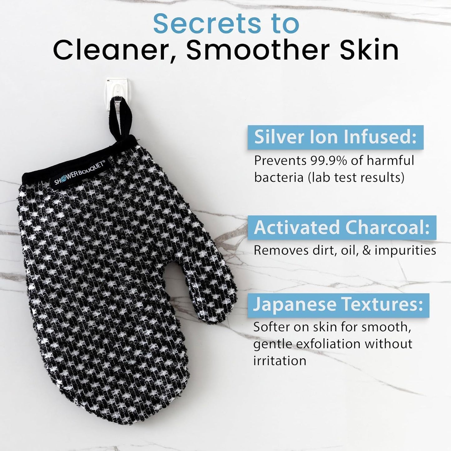 Japanese Exfoliating Mitt 2-Pack - Charcoal & Silver Ion Exfoliating Gloves for Shower - Soft Inner