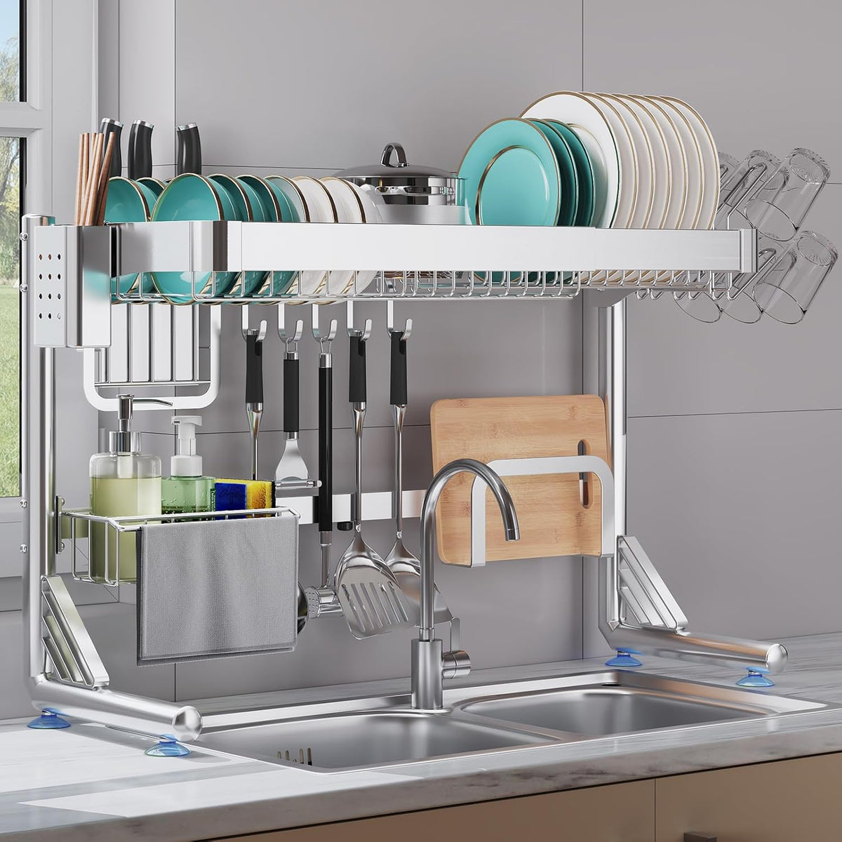 Over The Sink Dish Drainer Drying Rack, 2 Tier Adjustable Width (20.87'' to 37.6'') 304 Stainless