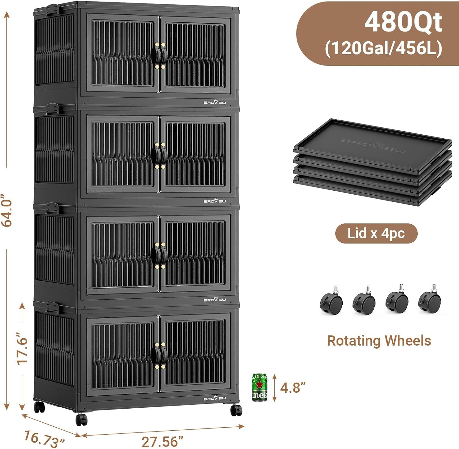 BROVIEW 480Qt Stackable Storage Bins with 4 Lids, Extra Large Closet Organizer Collapsible Drawer