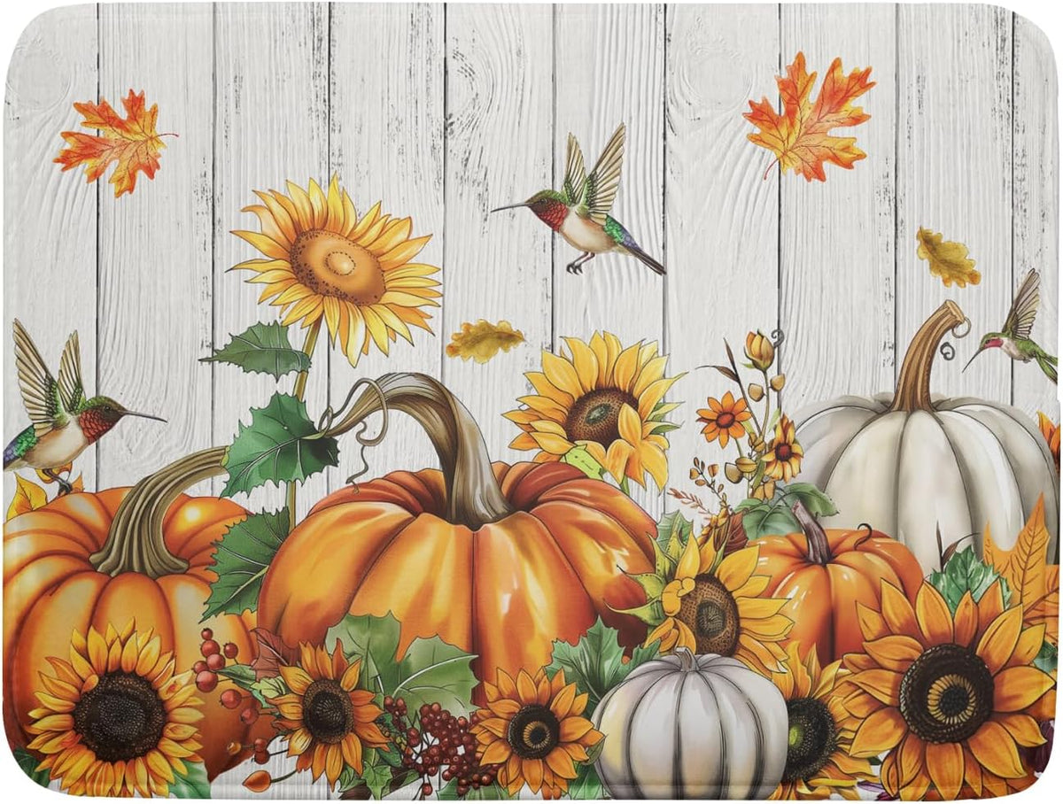 Autumn Harvest Pumpkin Dish Drying Mat for Kitchen Counter Sunflower Maple Leaves Fall Dish Drying