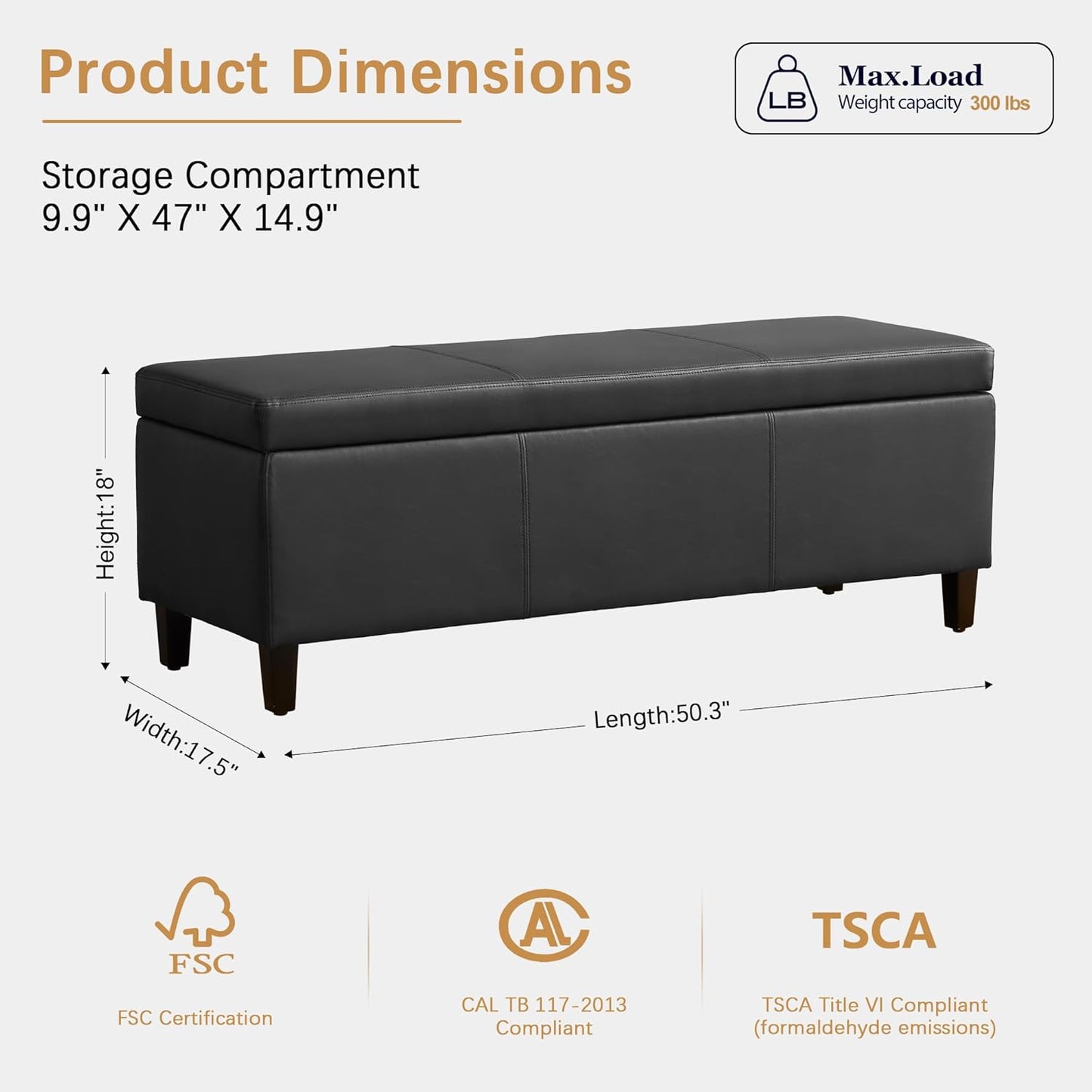 HUIMO Faux Leather Storage Ottoman Bench 50.3 Inch Extra Long PU Upholstered Bedroom Bench with