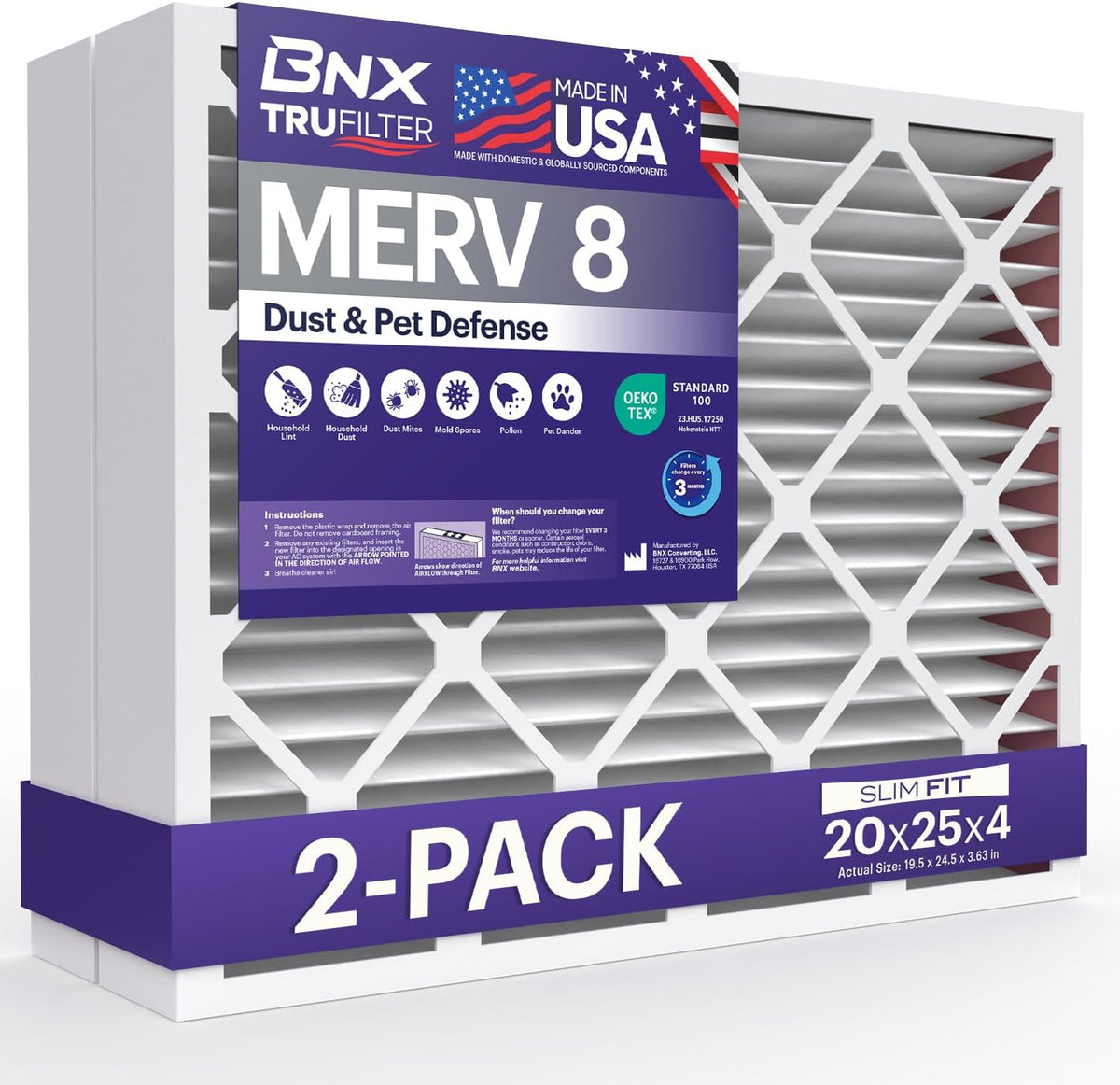 BNX TruFilter 20x25x4 (19.5’’ x 24.5’’ x 3.63‘’ Slim Fit) MERV 8 Air Filter 2-Pack - MADE IN USA
