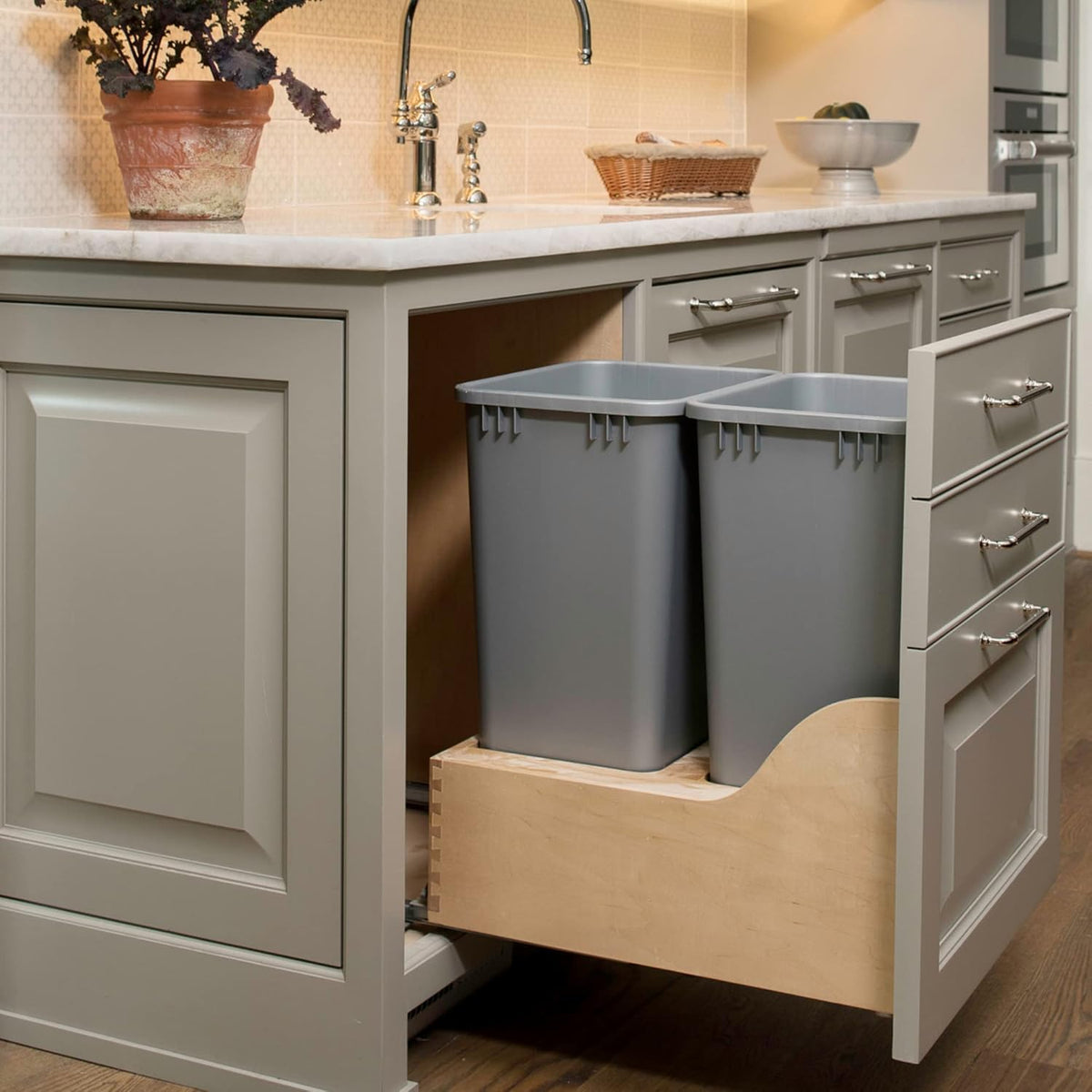 Rev-A-Shelf Pullout Trash Cans for Kitchen Cabinet, Dual 50 Qt Bins with 18" Wood Frame - Large