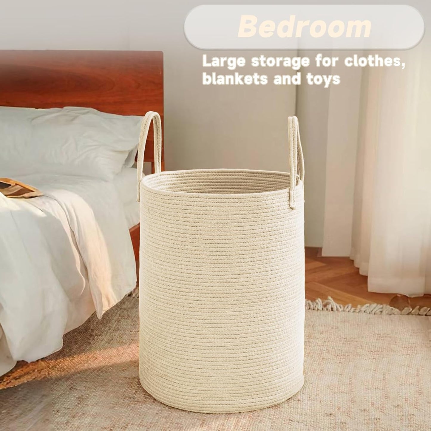 Large Woven Laundry Basket Hamper,100L Cotton Rope Storage Bin for Blankets,Toys and