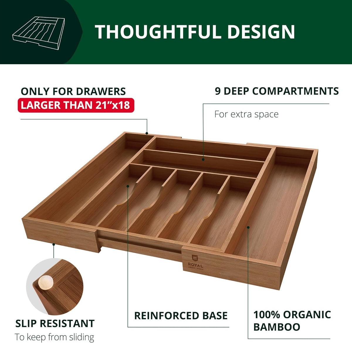 ROYAL CRAFT WOOD Luxury Bamboo Kitchen Drawer Organizer - Silverware Organizer - Utensil Holder and