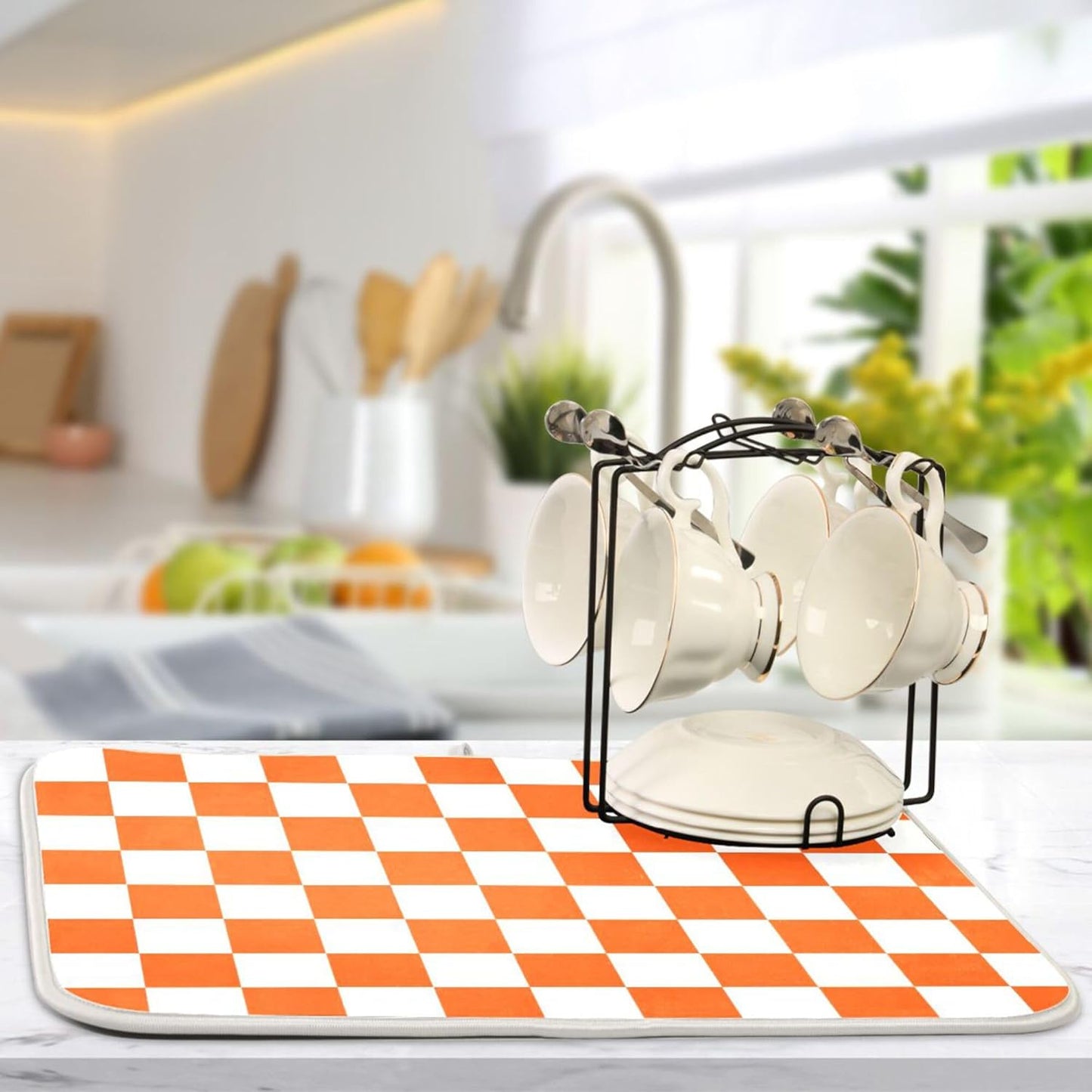 Burnt Orange Chessboard Dish Drying Mat for Kitchen Countertop 18x24 Plaid Checkered Rectangle