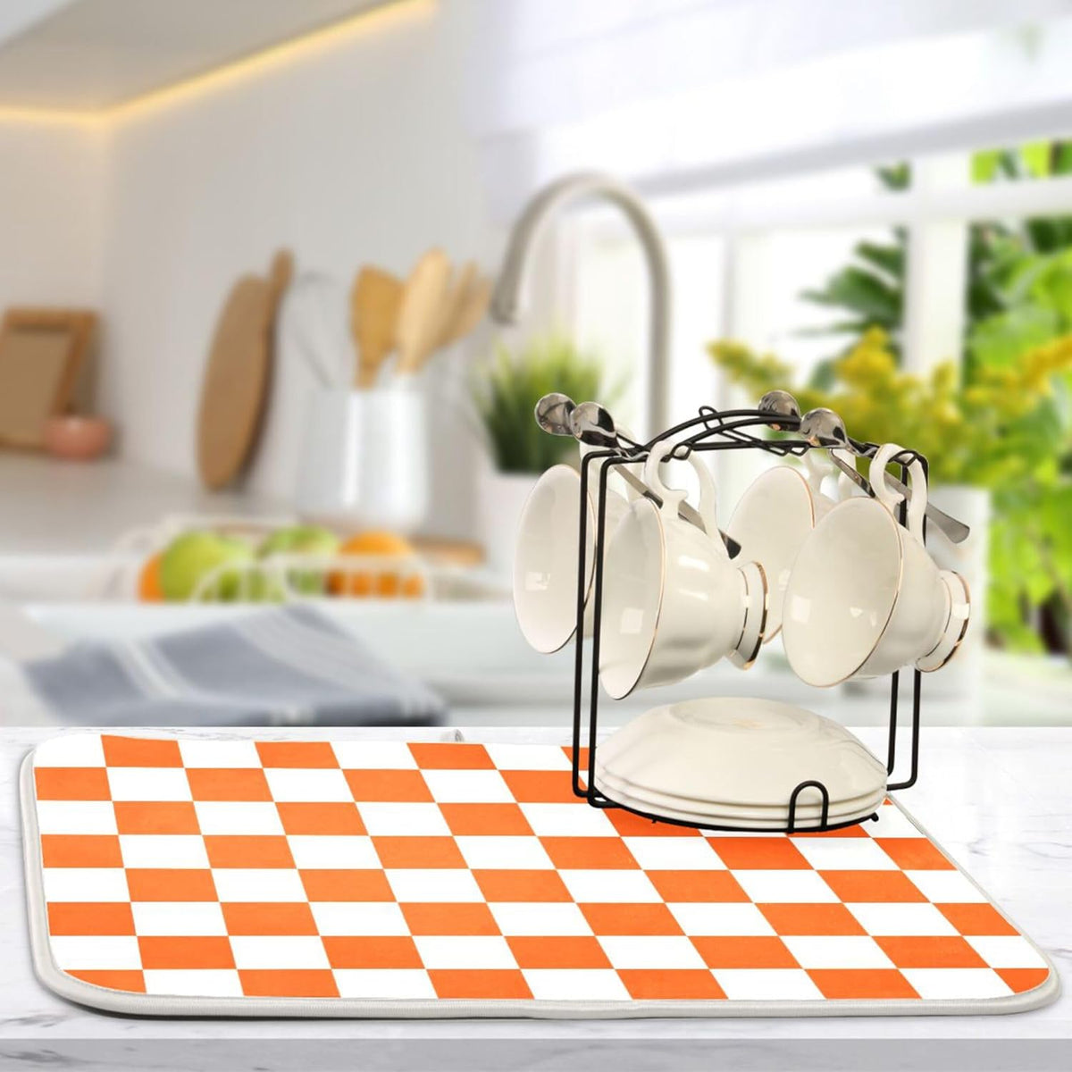 Burnt Orange Chessboard Dish Drying Mat for Kitchen Countertop 18x24 Plaid Checkered Rectangle